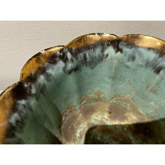 Vintage Fohr Ceramic GERMANY Green Gold Glazed drip bowl 7" - Picture 6 of 13